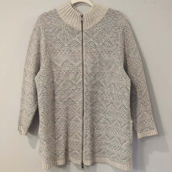 J. Jill Mock Neck Zip-Up Cardigan Fair Isle Long Gray size XL